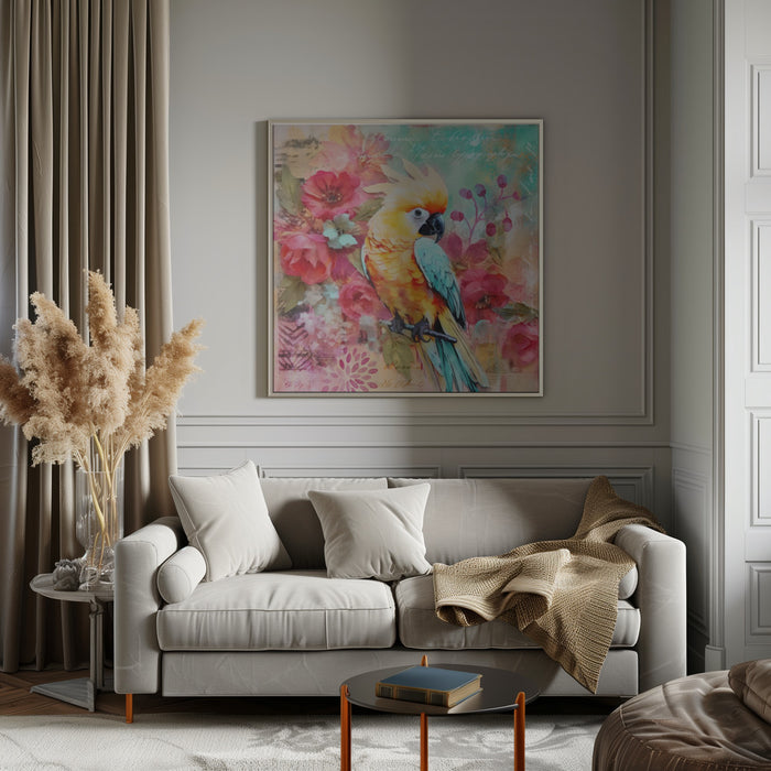 Parrots Tropical Garden by Andrea Haase Square Canvas Print Art for Modern Home Decor. Decorate your office or living room with canvas artwork