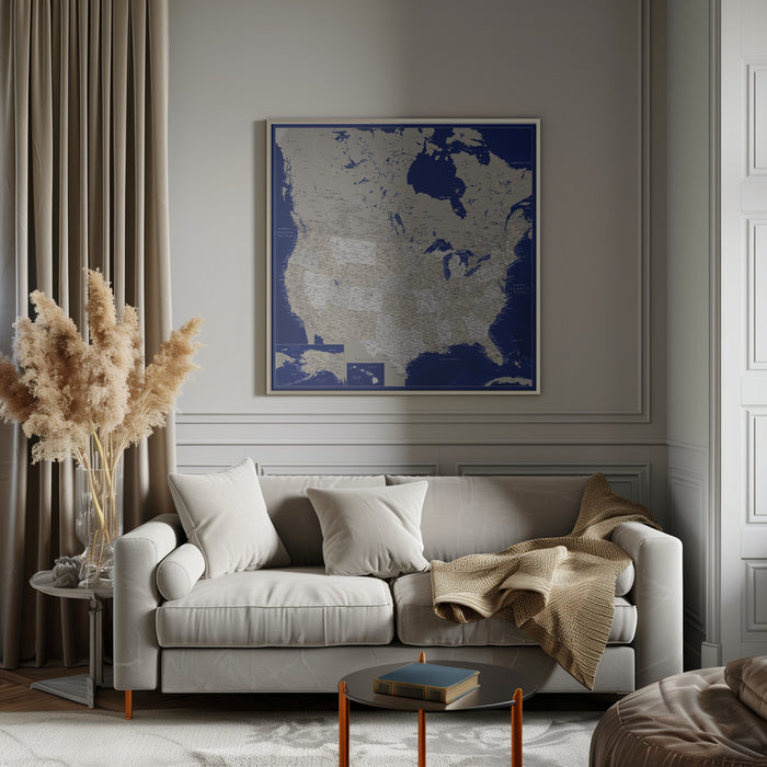 Highly detailed map of the United States, Kameryn by Rosana Laiz Blursbyai Square Canvas Print Art for Modern Home Decor. Decorate your office or living room with canvas artwork