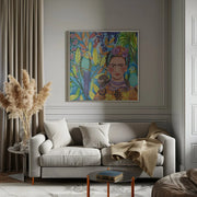 Frida and her parrots by Caroline Bonne Müller Square Canvas Print Art for Modern Home Decor. Decorate your office or living room with canvas artwork