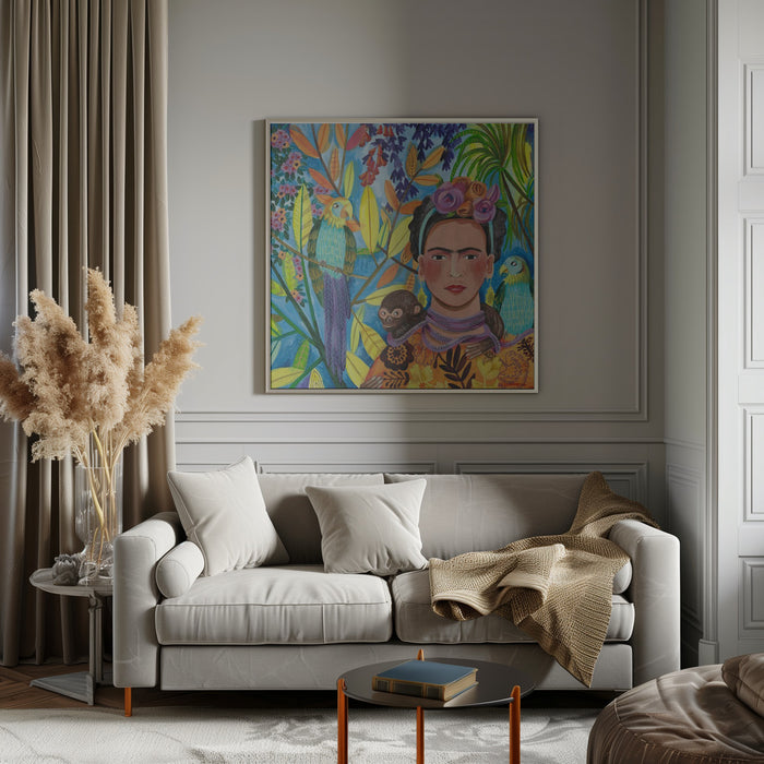 Frida and her parrots by Caroline Bonne Müller Square Canvas Print Art for Modern Home Decor. Decorate your office or living room with canvas artwork