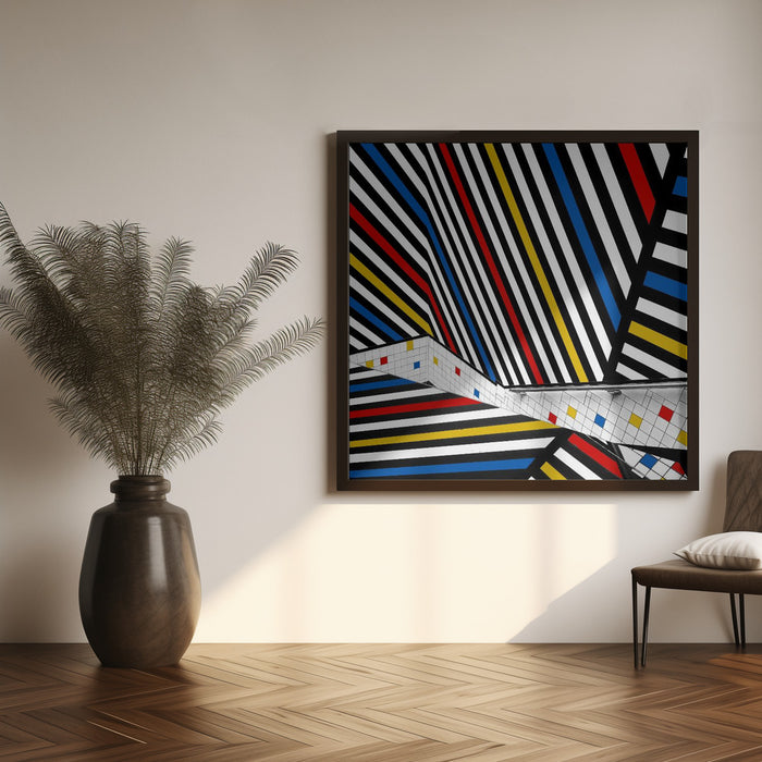 Mondriaan coloured hall by Huib Limberg Square Canvas Print Art for Modern Home Decor. Decorate your office or living room with canvas artwork