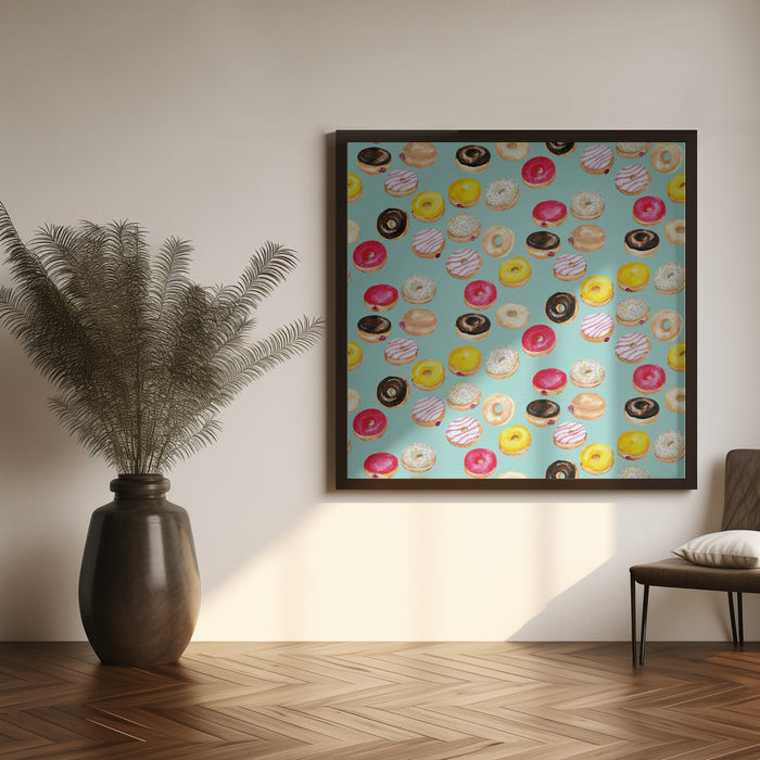 Watercolor donuts pattern in aqua by Rosana Laiz Blursbyai Square Canvas Print Art for Modern Home Decor. Decorate your office or living room with canvas artwork