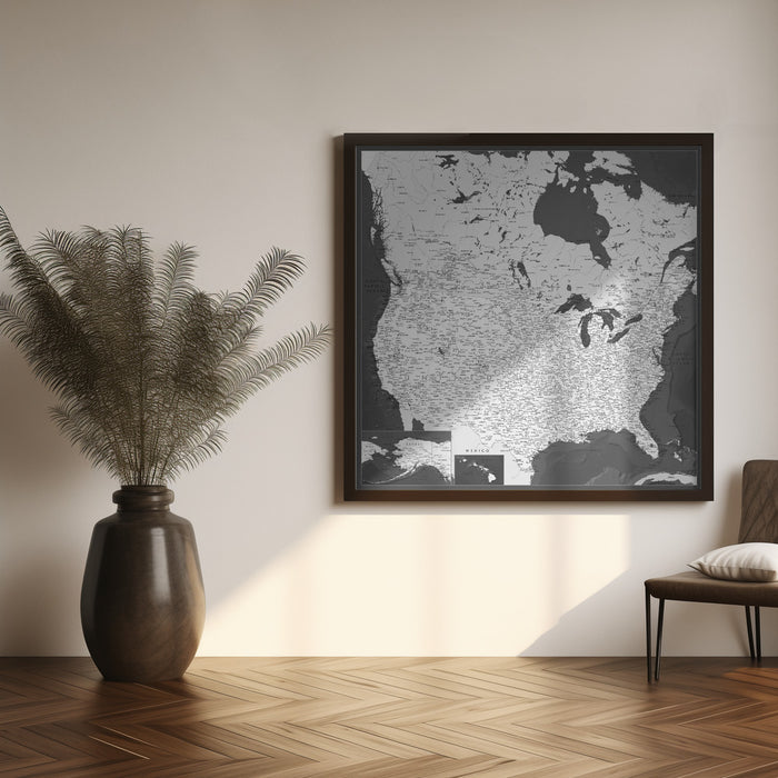 Highly detailed map of the United States, Olson by Rosana Laiz Blursbyai Square Canvas Print Art for Modern Home Decor. Decorate your office or living room with canvas artwork