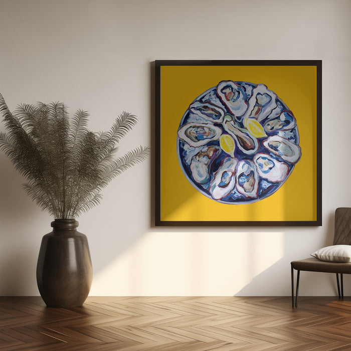 Oysters On a Plate Yellow by Alice Straker Square Canvas Print Art for Modern Home Decor. Decorate your office or living room with canvas artwork