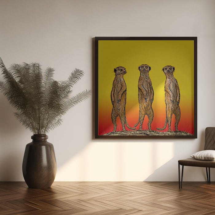 Meerkat Gang at Sunset by Carlo Kaminski Square Canvas Print Art for Modern Home Decor. Decorate your office or living room with canvas artwork