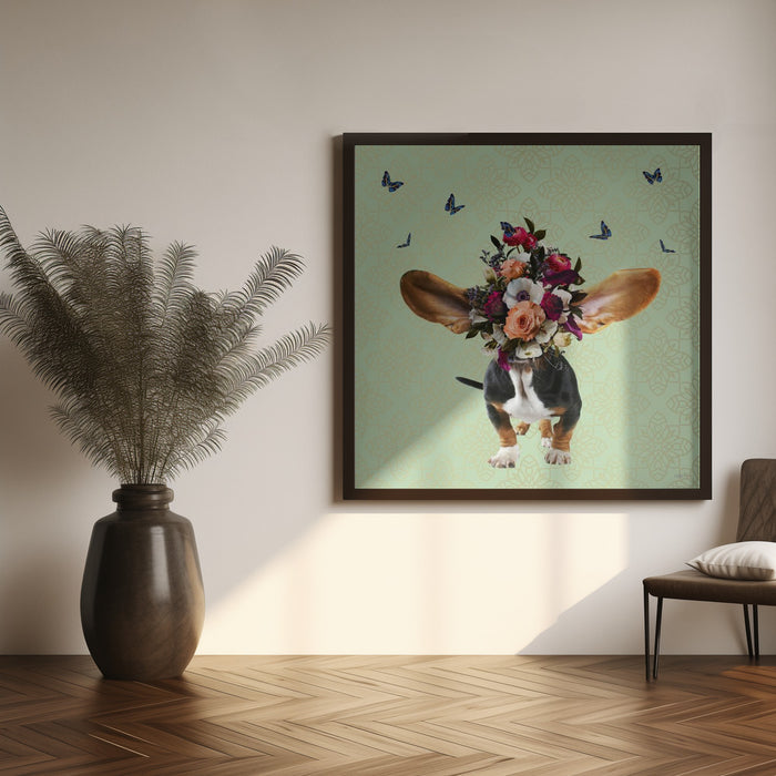 Spring Flower Bonnet On Doggy by Sue Skellern Square Canvas Print Art for Modern Home Decor. Decorate your office or living room with canvas artwork