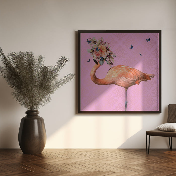 Spring Flower Bonnet On Flamingo by Sue Skellern Square Canvas Print Art for Modern Home Decor. Decorate your office or living room with canvas artwork