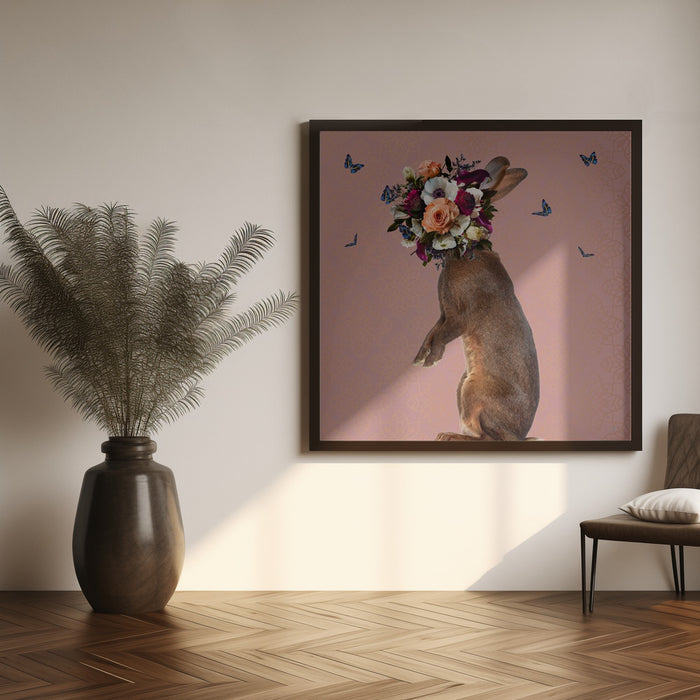 Spring Flower Bonnet On Rabbit by Sue Skellern Square Canvas Print Art for Modern Home Decor. Decorate your office or living room with canvas artwork