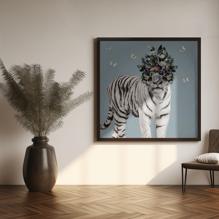 Spring Flower Bonnet On White Tiger by Sue Skellern Square Canvas Print Art for Modern Home Decor. Decorate your office or living room with canvas artwork