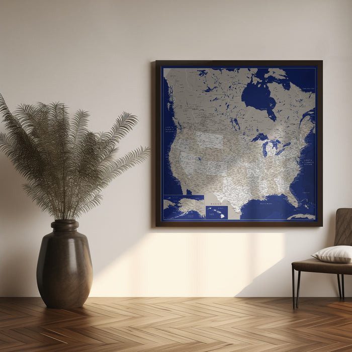 Highly detailed map of the United States, Kameryn by Rosana Laiz Blursbyai Square Canvas Print Art for Modern Home Decor. Decorate your office or living room with canvas artwork