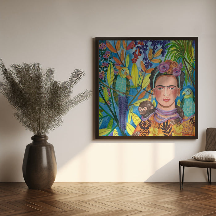 Frida and her parrots by Caroline Bonne Müller Square Canvas Print Art for Modern Home Decor. Decorate your office or living room with canvas artwork
