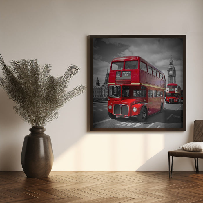 LONDON Red Buses on Westminster Bridge by Melanie Viola Square Canvas Print Art for Modern Home Decor. Decorate your office or living room with canvas artwork