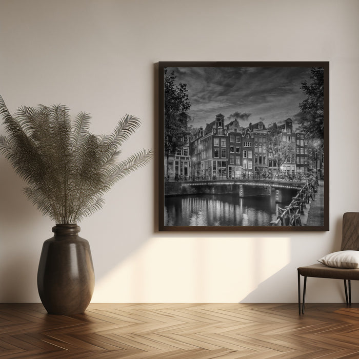 AMSTERDAM Idyllic impression from Singel - Monochrome by Melanie Viola Square Canvas Print Art for Modern Home Decor. Decorate your office or living room with canvas artwork