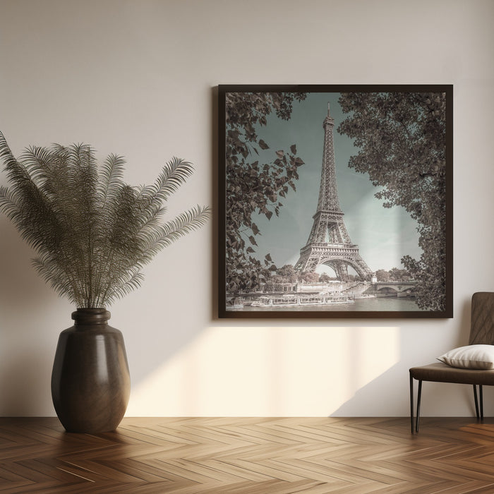 PARIS Eiffel Tower & River Seine | urban vintage style by Melanie Viola Square Canvas Print Art for Modern Home Decor. Decorate your office or living room with canvas artwork