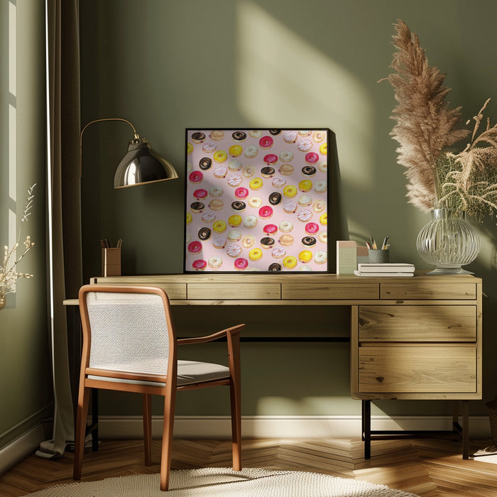 Watercolor donuts pattern in pink by Rosana Laiz Blursbyai Square Canvas Print Art for Modern Home Decor. Decorate your office or living room with canvas artwork