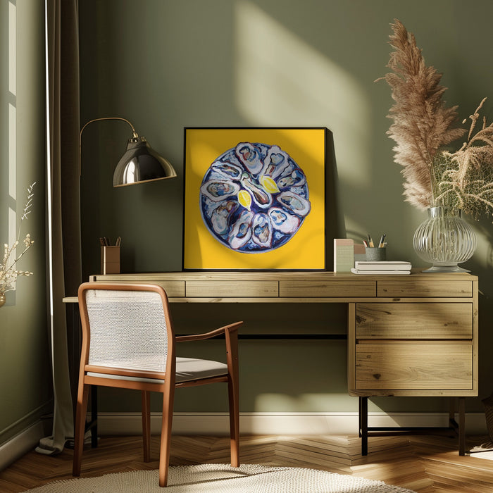 Oysters On a Plate Yellow by Alice Straker Square Canvas Print Art for Modern Home Decor. Decorate your office or living room with canvas artwork