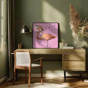 Spring Flower Bonnet On Flamingo by Sue Skellern Square Canvas Print Art for Modern Home Decor. Decorate your office or living room with canvas artwork