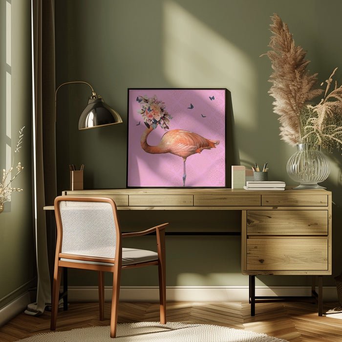 Spring Flower Bonnet On Flamingo by Sue Skellern Square Canvas Print Art for Modern Home Decor. Decorate your office or living room with canvas artwork