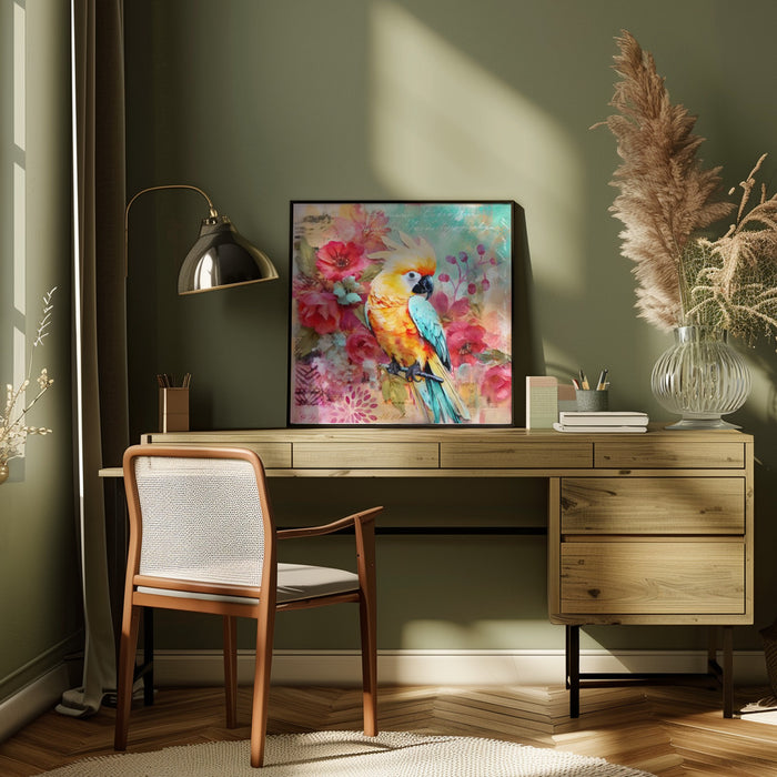 Parrots Tropical Garden by Andrea Haase Square Canvas Print Art for Modern Home Decor. Decorate your office or living room with canvas artwork