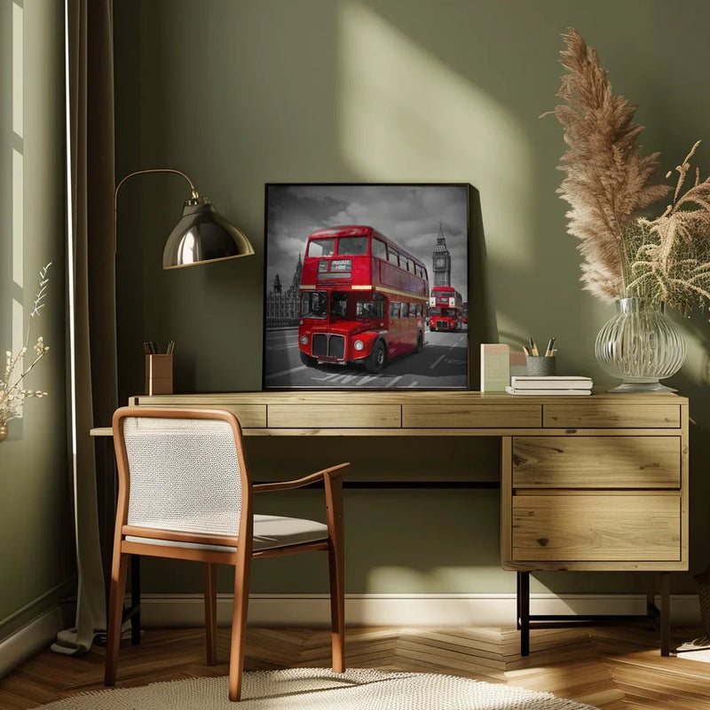 LONDON Red Buses on Westminster Bridge by Melanie Viola Square Canvas Print Art for Modern Home Decor. Decorate your office or living room with canvas artwork