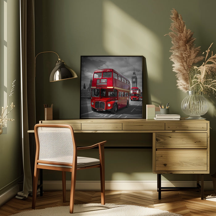 LONDON Red Buses on Westminster Bridge by Melanie Viola Square Canvas Print Art for Modern Home Decor. Decorate your office or living room with canvas artwork