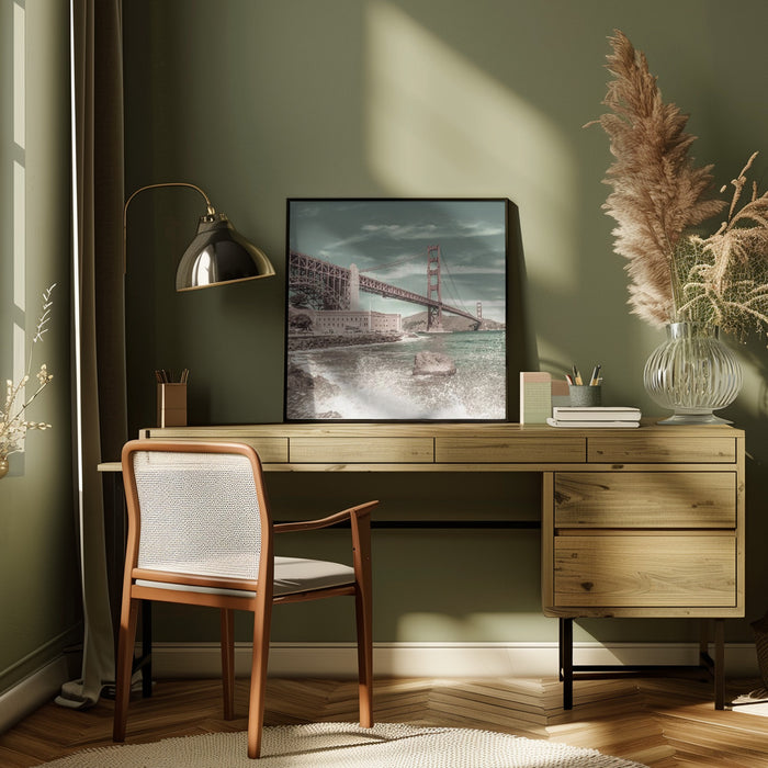 GOLDEN GATE BRIDGE Coastline Impression | urban vintage style by Melanie Viola Square Canvas Print Art for Modern Home Decor. Decorate your office or living room with canvas artwork