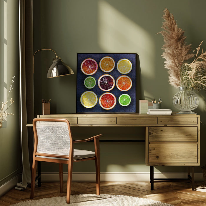 Citrus energy by EMELIEmaria Square Canvas Print Art for Modern Home Decor. Decorate your office or living room with canvas artwork