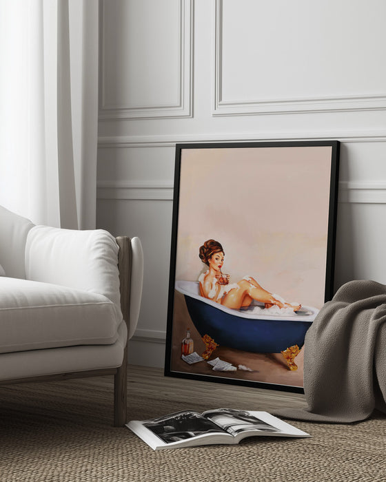 Bathtub Drinks: Pinup Girl Drinking In Bathroom - The Whiskey Ginger Framed Art | Home or Office Art