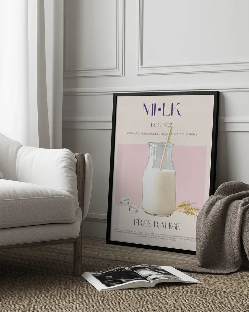 Organic Free Range Milk in a Clear Bottle with Straw - Nazma Khokhar Framed Art | Home or Office Art