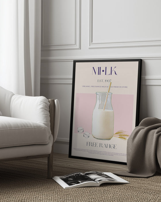 Organic Free Range Milk in a Clear Bottle with Straw - Nazma Khokhar Framed Art | Home or Office Art