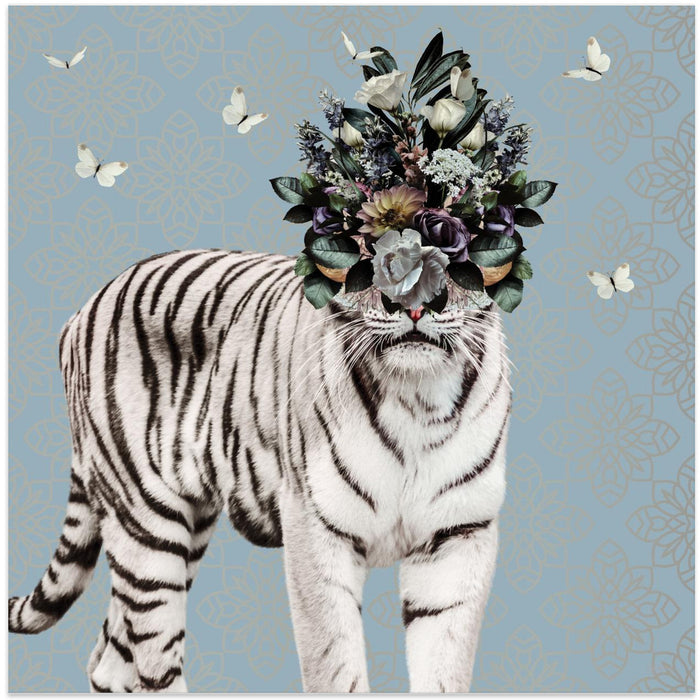 Spring Flower Bonnet On White Tiger by Sue Skellern Square Canvas Print Art for Modern Home Decor. Decorate your office or living room with canvas artwork