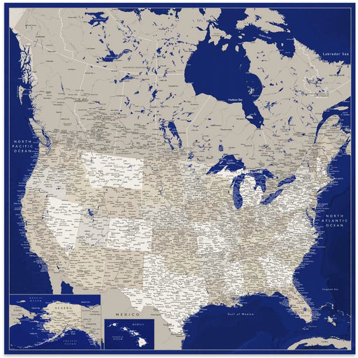 Highly detailed map of the United States, Kameryn by Rosana Laiz Blursbyai Square Canvas Print Art for Modern Home Decor. Decorate your office or living room with canvas artwork