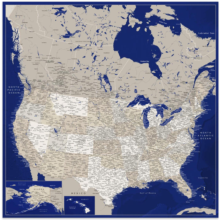 Highly detailed map of the United States, Kameryn by Rosana Laiz Blursbyai Square Canvas Print Art for Modern Home Decor. Decorate your office or living room with canvas artwork