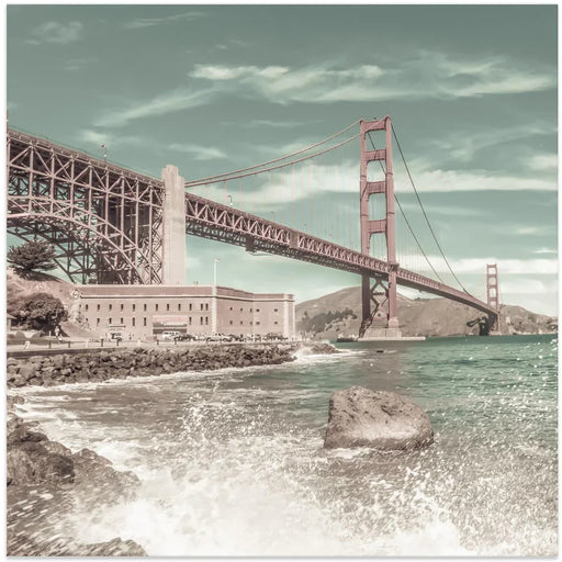 GOLDEN GATE BRIDGE Coastline Impression | urban vintage style by Melanie Viola Square Canvas Print Art for Modern Home Decor. Decorate your office or living room with canvas artwork