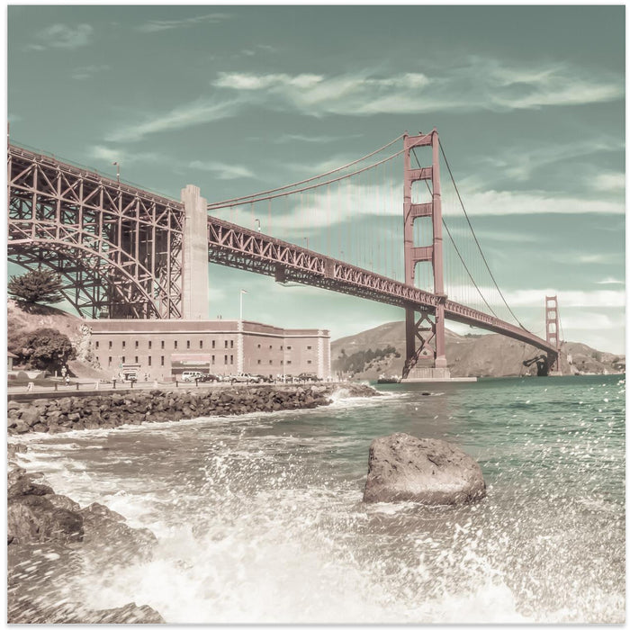GOLDEN GATE BRIDGE Coastline Impression | urban vintage style by Melanie Viola Square Canvas Print Art for Modern Home Decor. Decorate your office or living room with canvas artwork